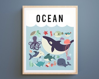 Impression de chambre d'animaux de la mer : oeuvre d'art murale sur le thème de la mer (téléchargement numérique)
