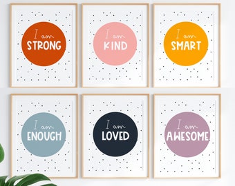Daily Affirmations Poster, Set of 6 prints,Positive Affirmations for Kids, Classroom Art, Motivational Poster, Positive Playroom, Growth