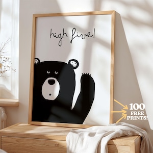 Bear High Five Nursery Print, kids wall decor,Monochrome playroom art  (Digital Download)