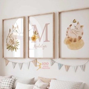 Custom name print, girls wall art, Watercolor Cat decor,  Set of 3 Baby Girl Nursery Wall Art Decor kitties print, cat print, cat lover gift