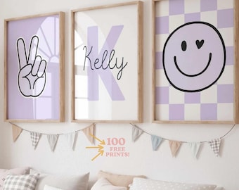 Purple Girls Room Art Prints: Custom Name, Smiley Face (Digital Download)