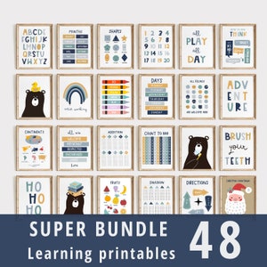 Conjunto de 48 carteles educativos, paleta de colores azules, impresiones de educación en el hogar, decoración del aula Montessori, decoración de la sala de juegos para niños pequeños, ARCHIVOS digitales, niños