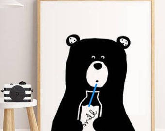 Impresión de oso negro, arte de pared de oso, guardería de osos, impresiones para niños, arte de pared para niños, decoración de pared para niños, póster de oso, imagen de oso, impresión escandinava