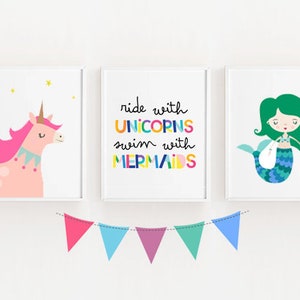 Mermaid wall print set, Girl set of 3, nursery room printable, mermaid wall art, baby girl room art, unicorn wall art, mermaid set, rainbow