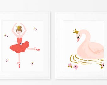 Set of 2 Ballerina prints, princess swan, Girls room wall art, Ballet girl gift, Dancer girl gift, Little girl wall art,Watercolor art print