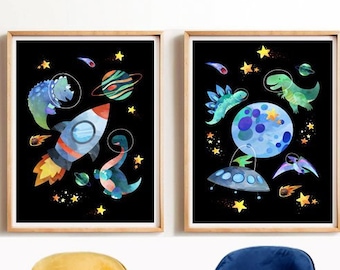 Dinosaur Space,Prints for boys, Boy nursery prints, dinosaur wall art ,Space print, Space wall art ,Space nursery, Dinosaur nursery Playroom