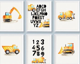 Construction Nursery Art, Set of 6, alphabet trucks, Nursery Poster, Trucks Prints, Construction Decor, Kids Wall Decor, Kids Art, Nursery