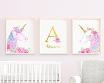 Printable Nursery Set,unicorn custom name,Girl Nursery Decor,Set Of 3 Prints,Baby Girl Gifts,Nursery Wall Art, girls custom prints, name art