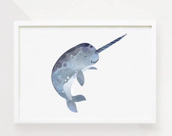 Impression de narval, Art mural nautique, Licorne de la mer, Impression de pépinière nautique, Peinture de narval, HAPPY Narwhal Nursery Poster Artwork ocean