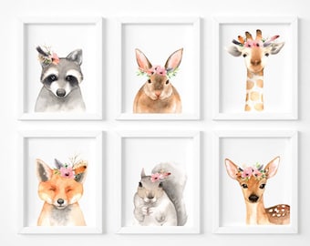 Láminas infantiles de animales del bosque, set de 6 acuarelas (descarga digital)