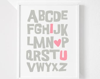 ABC I Love You Nursery Wall Art, Nursery Wall Art, PINK, gray, Child Bedroom Artwork, I Heart You, Alphabet, Simple, Baby Shower Gift