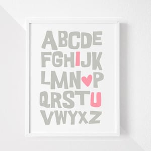 ABC I Love You Nursery Wall Art, Nursery Wall Art, PINK, gray, Child Bedroom Artwork, I Heart You, Alphabet, Simple, Baby Shower Gift
