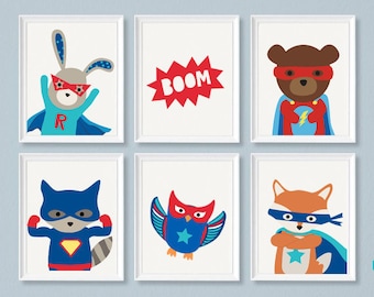 Estampados de animales de superhéroes, decoración para habitación de niños (descarga digital)