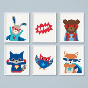 set of 6 Superhero Wall Art, Boys Room Decor, Superhero Wall Art, Childrens Bedroom Wall Art, animals hero, Boys Bedroom Prints, hero theme