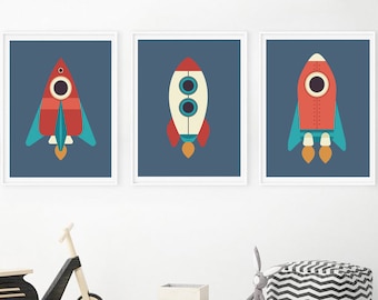 SPECIAL SALE!  3 Space Rocket Prints,Moon Illustration,toddler Wall Art, Nursery Space Decor, Scandinavian Art Print, Kids room decor,poster