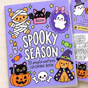 Kolorowanki na Halloween dla dzieci, PDF do druku, Kolorowanka z upiornym sezonem, Uroczy duch, dynia, nietoperz, mumia, miś, Pobierz natychmiast