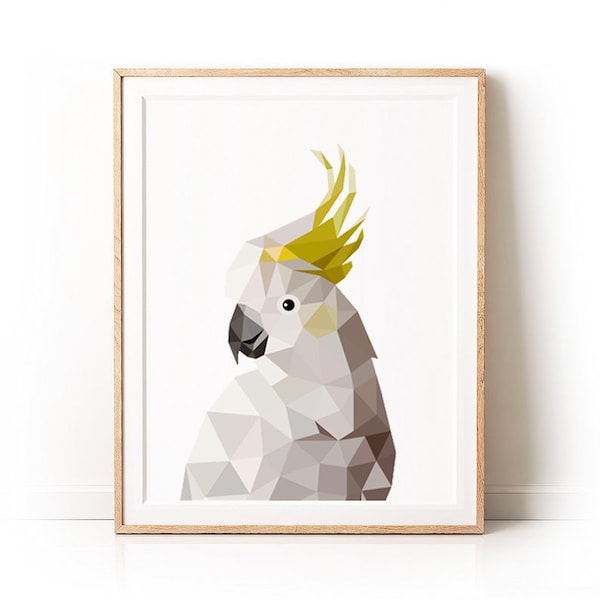 Yellow Cockatoo Print, Digital art, Parrot Print, Australian Animal Art, Exotic Wall Art, Cockatoo Bird, geometric animal, Tropical Bird art