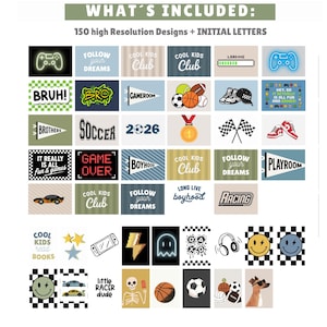 Puede incluir: Una colecci&oacute;n de 150 dise&ntilde;os gr&aacute;ficos digitales de alta resoluci&oacute;n con diversos temas que incluyen deportes, juegos, carreras y esl&oacute;ganes basados en texto como "Cool Kids Club", "Follow Your Dreams", "Game Over" y "Little Racer Dude" en varios colores.