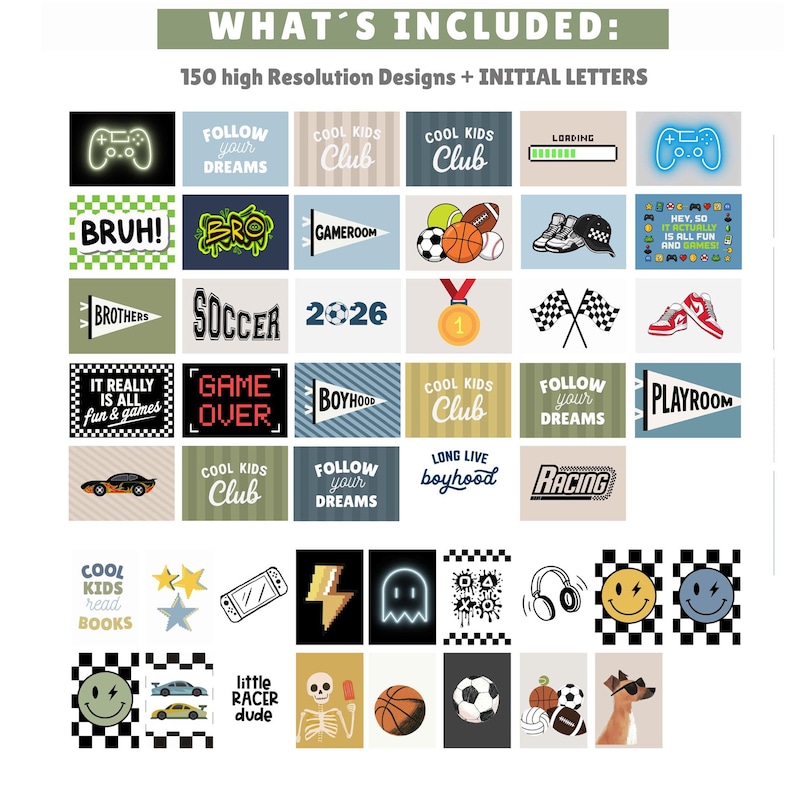 Puede incluir: Una colecci&oacute;n de 150 dise&ntilde;os gr&aacute;ficos digitales de alta resoluci&oacute;n con diversos temas que incluyen deportes, juegos, carreras y esl&oacute;ganes basados en texto como "Cool Kids Club", "Follow Your Dreams", "Game Over" y "Little Racer Dude" en varios colores.