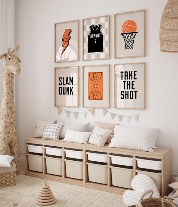 Personalized Basketball Nursery Prints: Set of 6, Sport Playroom Wall Art (Downloadable)