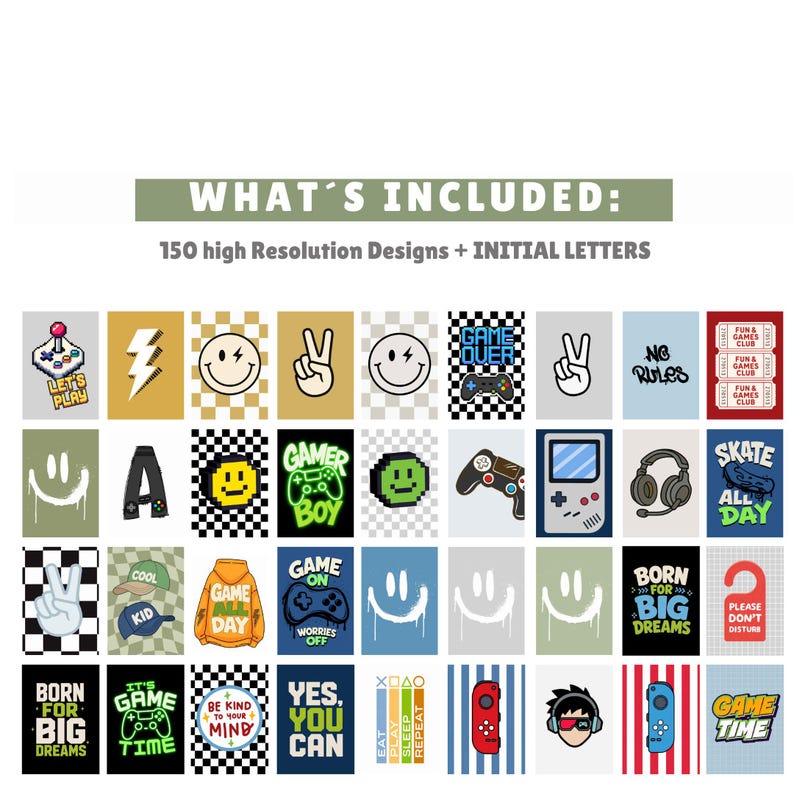 Puede incluir: Una colecci&oacute;n digital de 150 dise&ntilde;os gr&aacute;ficos de alta resoluci&oacute;n y letras iniciales que incluyen varios iconos como caras sonrientes pixeladas, mandos de juego, auriculares, patrones de cuadros y textos como GAME ON y BORN FOR BIG DREAMS.