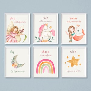Set of 6 girls nursery Prints | Fairy, unicorn, mermaid, moon, rainbow, girls Wall Art | wall Art print | Floral Artwork | baby rainbow Art