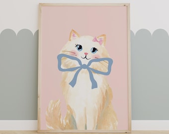 Impressão de berçário de gato caprichoso: ilustração de gatinho, laço azul (download digital) impressões de menina