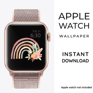 Puede incluir: Un Apple Watch rosa y dorado con un dise&ntilde;o de arco&iacute;ris y flores en la pantalla. La esfera del reloj muestra la hora 6:30 y la fecha Mar 21. El texto "APPLE WATCH WALLPAPER INSTANT DOWNLOAD" se muestra encima del reloj.
