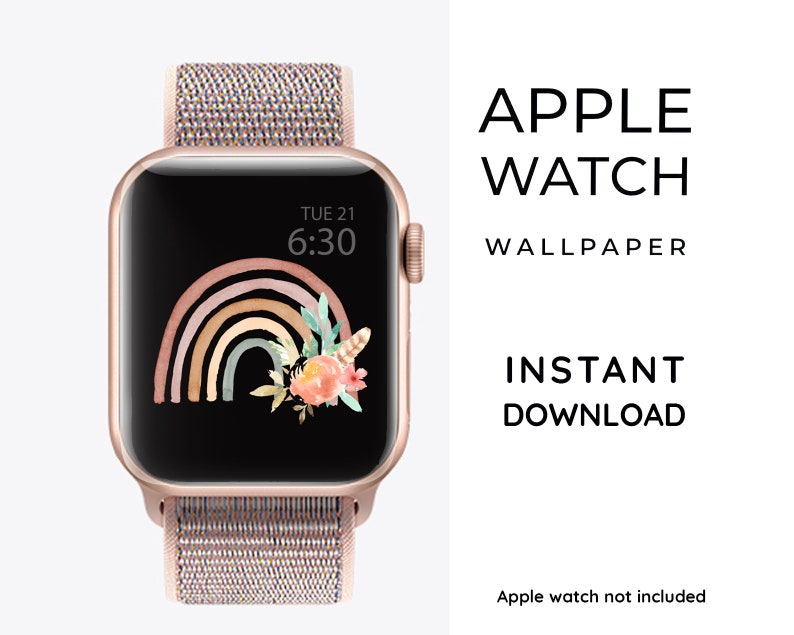 Puede incluir: Un Apple Watch rosa y dorado con un dise&ntilde;o de arco&iacute;ris y flores en la pantalla. La esfera del reloj muestra la hora 6:30 y la fecha Mar 21. El texto "APPLE WATCH WALLPAPER INSTANT DOWNLOAD" se muestra encima del reloj.