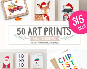 Op de afbeelding: Een verzameling van 50 afdrukbare kunstprints met herfst- en kerstthema's. De prints bevatten illustraties van een rode vrachtwagen met pompoenen, een hert met een kerstmanmuts, een wasbeer met een kerstmanmuts, een kerstman, een ijsbeer met kerstverlichting en een kerstkaart met de tekst "KERSTMIS". De tekst "50 KUNSTPRINTS HERFST-KERSTMIS DIRECT DOWNLOAD CREATIEVE BUNDLE" is ook in de afbeelding opgenomen.