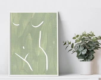 Impressão artística de linha de mulher verde: decoração de parede abstrata (download digital)