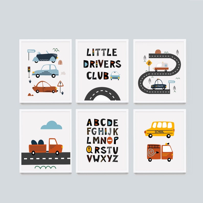 Set of 6 Transportation Prints, Vehicles Art Print, Printable Wall Art, Construction Nursery, Boys Room Decor, alphabet cars, little drivers image 1