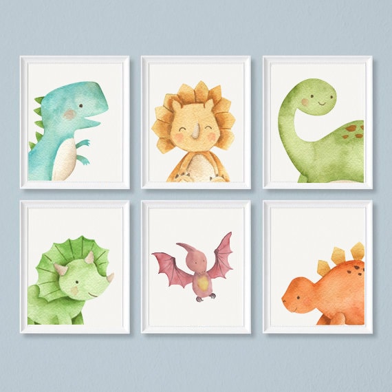 3 Modern Dinosaur Prints Dinos Nursery Wall Art Green Decor Pictures 