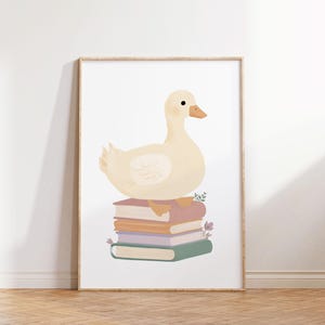 READING wall art kids, little goose with books, girl Reading Poster, Reading nook kids, books wall art, child library decor, playroom art
