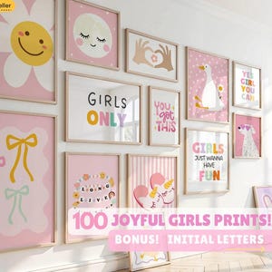 Girls Nursery Printable Wall Art Bundle 100 Designs Digital Download Motivational Quote Poster Collection Pink Pastel Bedroom Gallery Moon Sun Goose Bow Rainbow Flower Illustrations Baby Shower Gift Instant Access Alphabet Letters