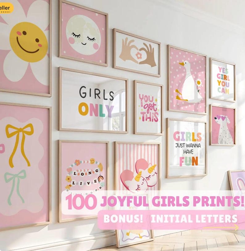 Girls Nursery Printable Wall Art Bundle 100 Designs Digital Download Motivational Quote Poster Collection Pink Pastel Bedroom Gallery Moon Sun Goose Bow Rainbow Flower Illustrations Baby Shower Gift Instant Access Alphabet Letters