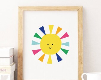 COLORFUL Sunshine Print, Sunshine Wall Art, Printable Wall Art, Digital Download, Sun Illustration, Sunshine Typography, cute sun printable