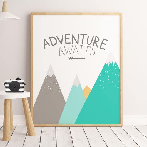 Nursery Illustration Baby Wall Art ADVENTURE AWAITS MINT Etsy