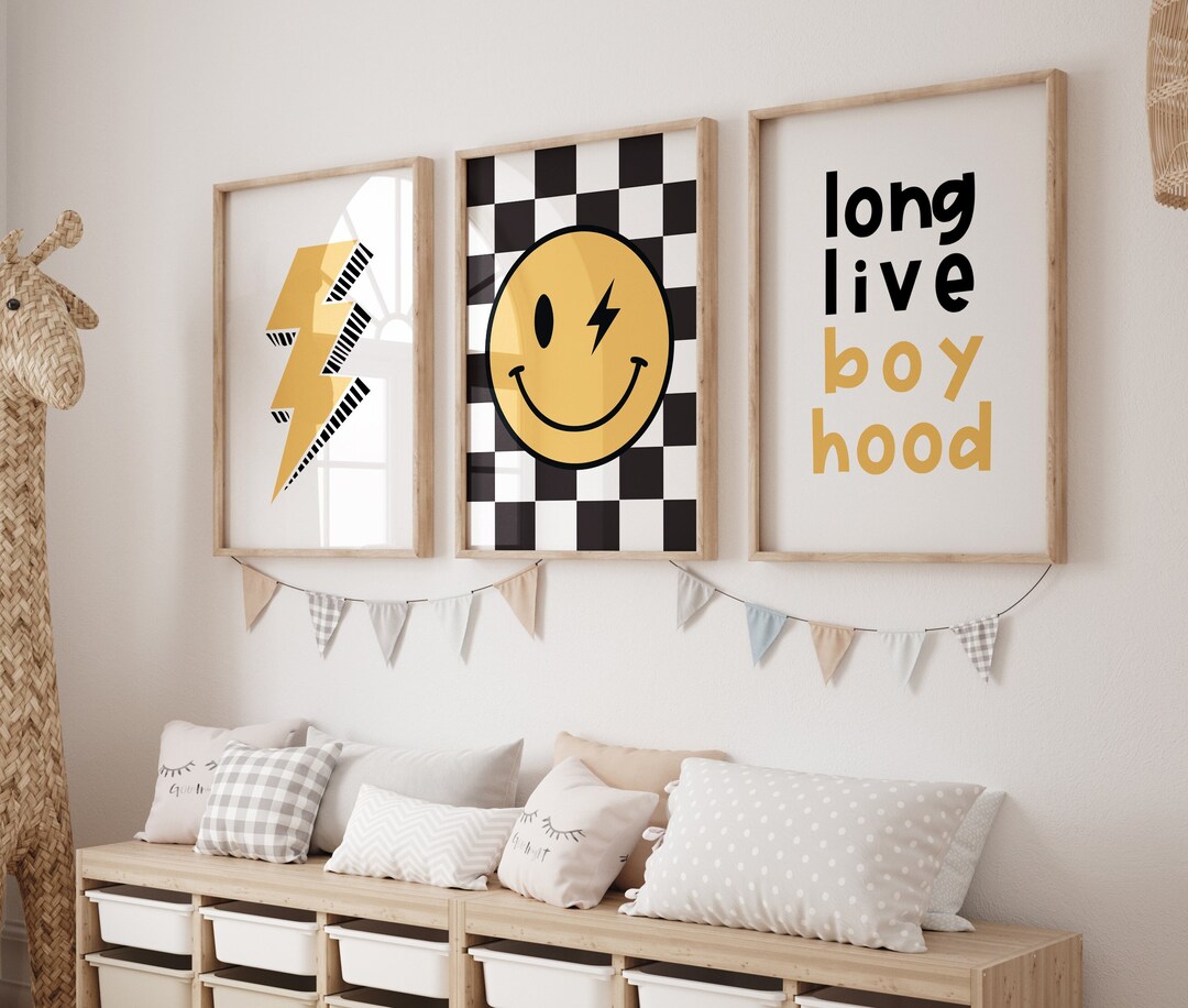 Boys Wall Print, Retro Print Set, Boys Room Decor, Lightening Bolt ...