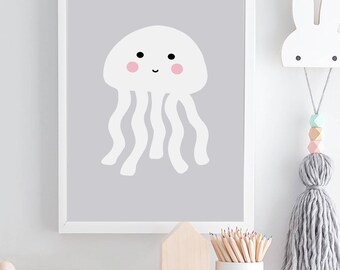 Jellyfish print - Kids room decor - CUTE Ocean creatures print - Sea friends print - kawaii prints - Nursery decor - Kids wall art - grey