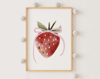 Strawberry Bow Watercolor Print: Girly Nursery Wall Art (Digital Download) coquette style