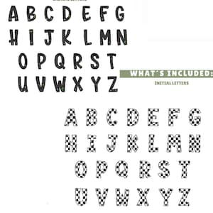 Puede incluir: Un conjunto de alfabeto digital con dos estilos distintos. El conjunto superior muestra letras negras con peque&ntilde;os iconos de mandos de juego integrados. El conjunto inferior presenta letras con un patr&oacute;n de cuadros en blanco y negro. El texto dice WHAT'S INCLUDED: INITIAL LETTERS.