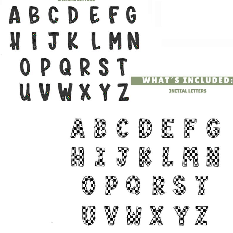 Puede incluir: Un conjunto de alfabeto digital con dos estilos distintos. El conjunto superior muestra letras negras con peque&ntilde;os iconos de mandos de juego integrados. El conjunto inferior presenta letras con un patr&oacute;n de cuadros en blanco y negro. El texto dice WHAT'S INCLUDED: INITIAL LETTERS.