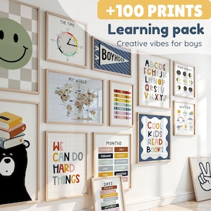 May include: A set of framed educational prints for a child's bedroom. The prints feature a world map, alphabet, moon phases, weather chart, and motivational quotes. The color scheme is gentle, with an emphasis on learning and creativity.