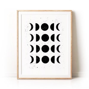 May include: Black and white print of a moon phases design in a wooden frame. The print features a repeating pattern of moons in different phases, from a crescent to a full moon.