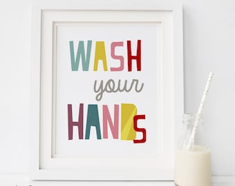 Wash your hands prints, colorful canvas wall art, Kid's Bathroom Art Print Colorful Bathroom Rules Artwork  Sign Childrens Bathroom Decor