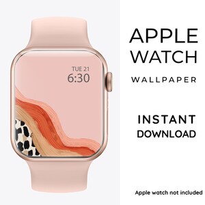 May include: A pink Apple Watch with a digital clock face displaying "TUE 21 6:30". The watch face has a pink, orange, and brown abstract design with a leopard print pattern.