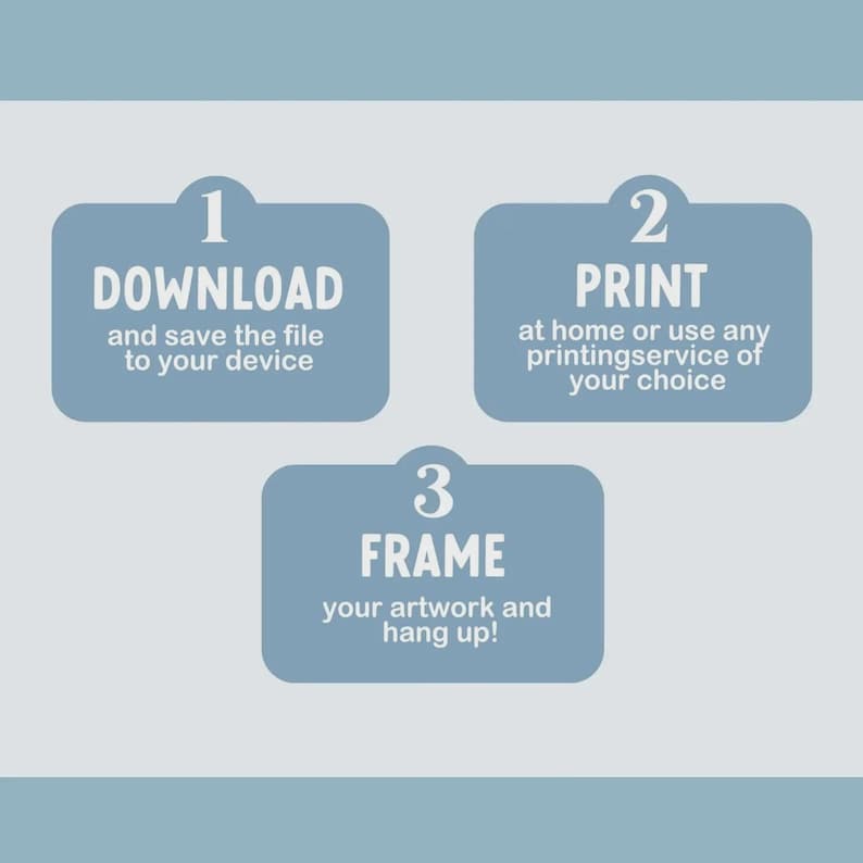 May include: Three blue rectangular labels with rounded tops, each featuring white text. Label 1 says 1 DOWNLOAD and save the file to your device. Label 2 says 2 PRINT at home or use any printingservice of your choice. Label 3 says 3 FRAME your artwork and hang up!