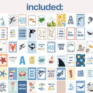 Puede incluir: Un conjunto de tarjetas ilustradas con tem&aacute;tica marina. Las tarjetas presentan varios animales marinos, como tiburones, delfines e hipocampos, junto con frases como "Follow Your Dreams" y "Play All Day". La palabra "included" est&aacute; en la parte superior.