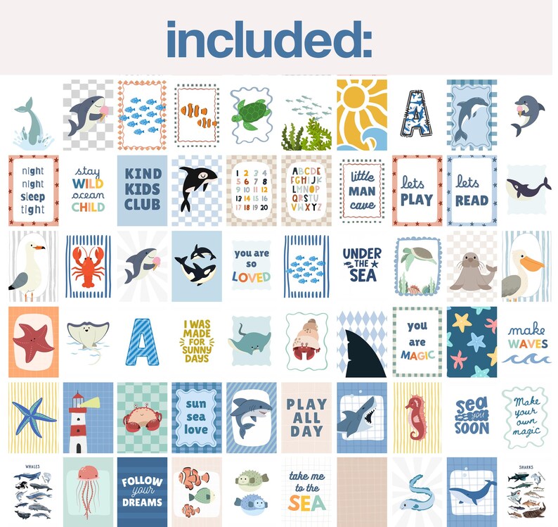 Puede incluir: Un conjunto de tarjetas ilustradas con tem&aacute;tica marina. Las tarjetas presentan varios animales marinos, como tiburones, delfines e hipocampos, junto con frases como "Follow Your Dreams" y "Play All Day". La palabra "included" est&aacute; en la parte superior.